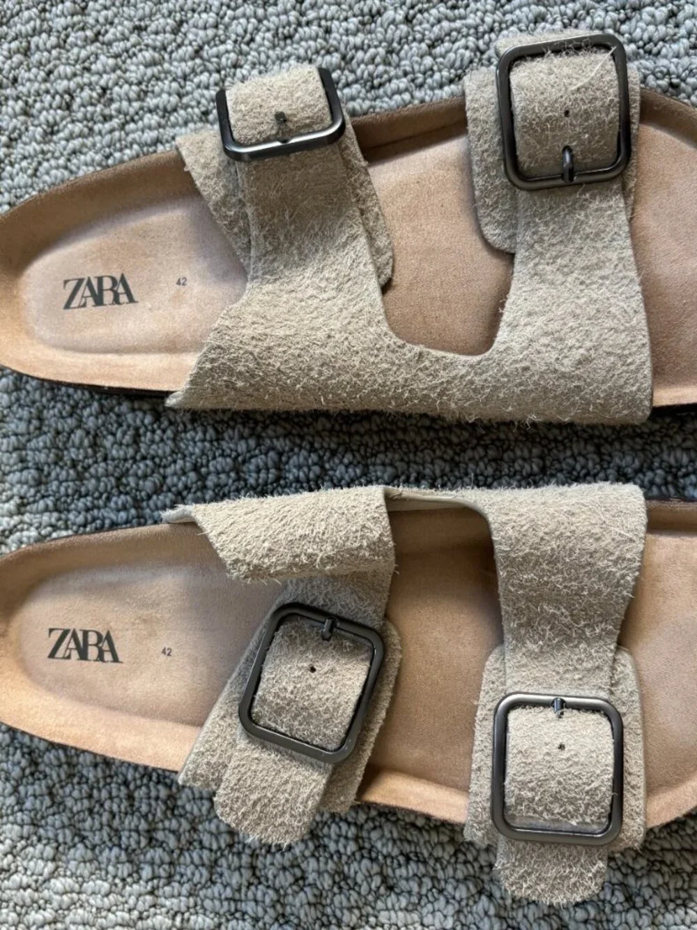 Zara Beige Double Buckle Suede Sandals Women's Size 42 EU Flat Slider Casual - Picture 2 of 3